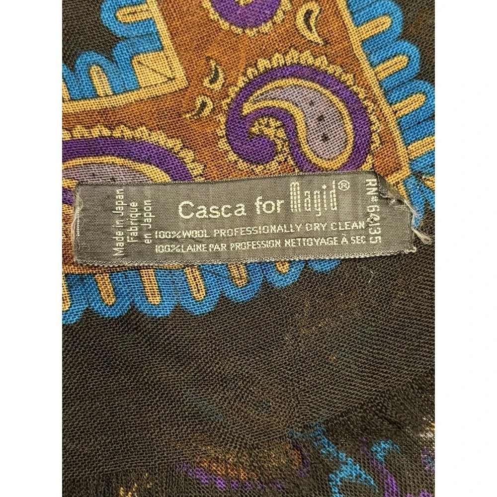 Vintage Casca for Magid Wool Scarf Black Paisley Dark Academia Fringe Square‎